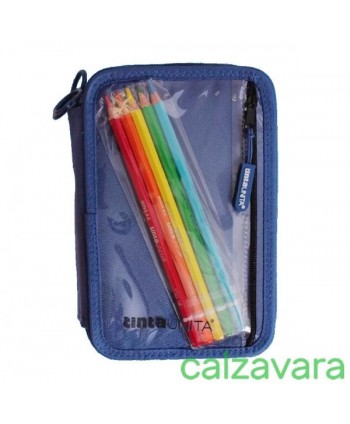 Astuccio 3 Zip+1zip Tasca Esterna Trasparente Tre Scomparti Tinta Unita - Blu (Cod. 51201-4)